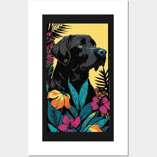 Black Labrador Retriever Dog Vibrant Tropical Flower Tall Retro Vintage Digital Pop Art Portrait 3 Wall Art by ArtHouseFlunky